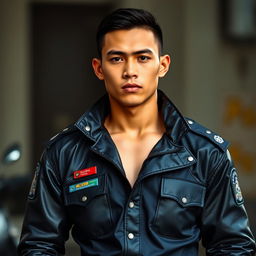A handsome Indonesian teenage police officer with a strong mewing jawline and a sexy muscular physique, wearing the official Indonesian police field uniform along with a sleek leather jacket