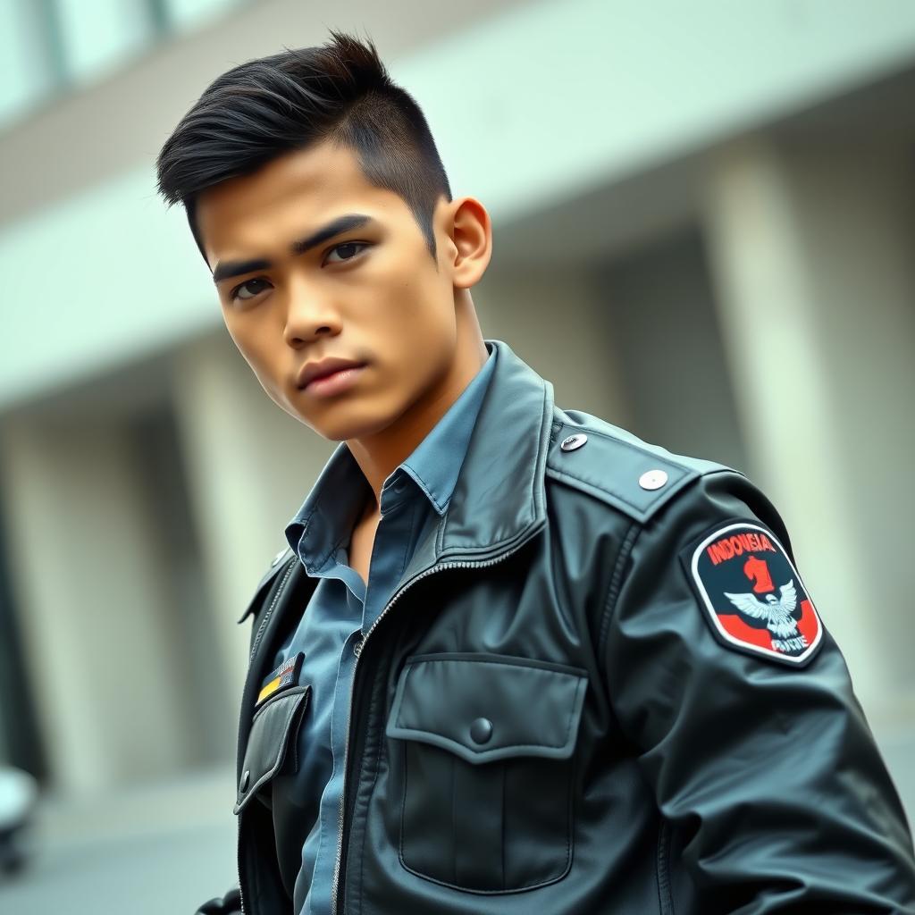 A handsome Indonesian teenage police officer with a strong mewing jawline and a sexy muscular physique, wearing the official Indonesian police field uniform along with a sleek leather jacket