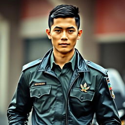 A handsome Indonesian teenage police officer with a strong mewing jawline and a sexy muscular physique, wearing the official Indonesian police field uniform along with a sleek leather jacket