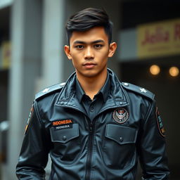 A handsome Indonesian teenage police officer with a strong mewing jawline and a sexy muscular physique, wearing the official Indonesian police field uniform along with a sleek leather jacket