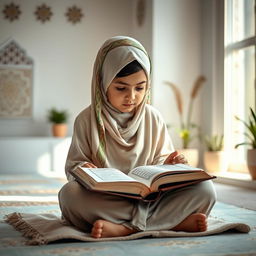 A young Muslim girl intently reading the Quran in a serene and peaceful setting