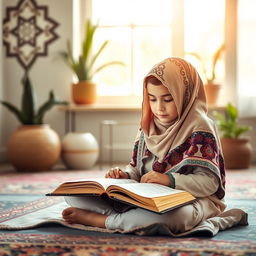 A young Muslim girl intently reading the Quran in a serene and peaceful setting