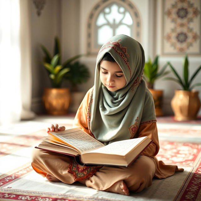 A young Muslim girl intently reading the Quran in a serene and peaceful setting