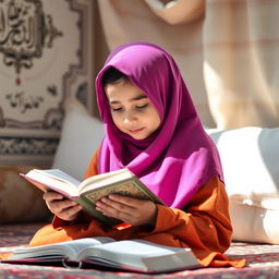 A young Muslim girl reading the Quran with devotion in a cozy and inviting atmosphere