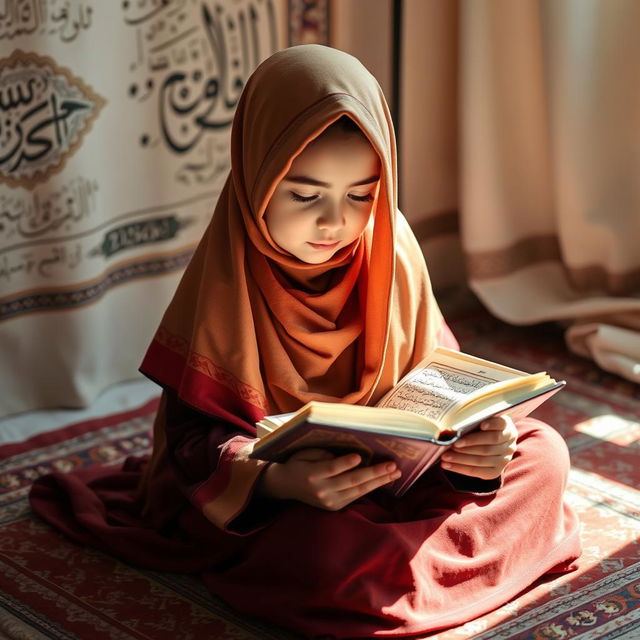 A young Muslim girl reading the Quran with devotion in a cozy and inviting atmosphere