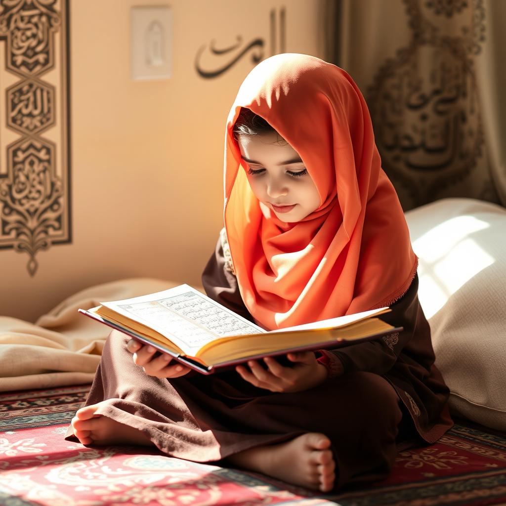 A young Muslim girl reading the Quran with devotion in a cozy and inviting atmosphere