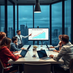 A dramatic scene depicting a human resources crisis in a pharmaceutical company, with stressed employees gathered around a meeting table looking worried and concerned