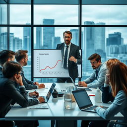 A dramatic scene depicting a human resources crisis in a pharmaceutical company, with stressed employees gathered around a meeting table looking worried and concerned