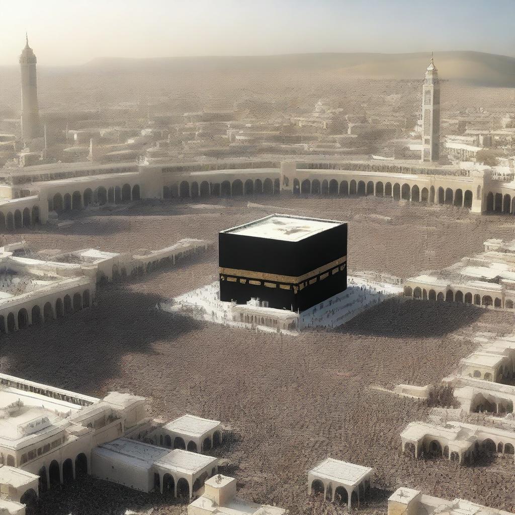 A highly realistic, photo-quality digital render of Mecca as it might appear in 2030