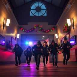 A dynamic 3D animated scene set inside a modern school during a nighttime setting, illuminated by soft Christmas decorations and lights