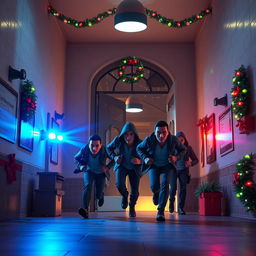 A dynamic 3D animated scene set inside a modern school during a nighttime setting, illuminated by soft Christmas decorations and lights