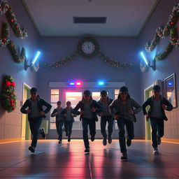 A dynamic 3D animated scene set inside a modern school during a nighttime setting, illuminated by soft Christmas decorations and lights