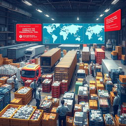 A complex and chaotic scene illustrating a global supply chain crisis in the pharmaceutical industry