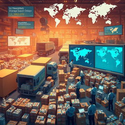 A complex and chaotic scene illustrating a global supply chain crisis in the pharmaceutical industry
