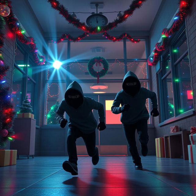 A tense 3D animated scene set inside a modern school at night, filled with Christmas decorations and lights