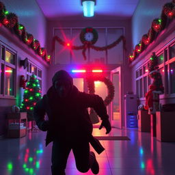 A tense 3D animated scene set inside a modern school at night, filled with Christmas decorations and lights