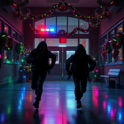 A tense 3D animated scene set inside a modern school at night, filled with Christmas decorations and lights