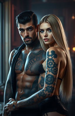 A hyper-realistic and darkly romantic scene featuring a 6'5" handsome and attractive man with a tattoo-covered body, aged 38, embodying a suave ceo/mafia boss