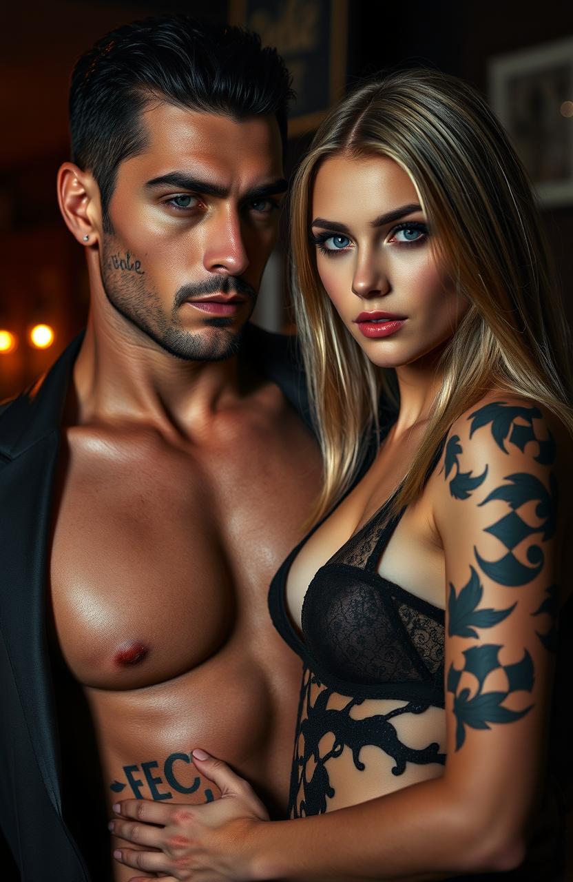 A hyper-realistic and darkly romantic scene featuring a 6'5" handsome and attractive man with a tattoo-covered body, aged 38, embodying a suave ceo/mafia boss