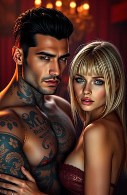 A hyper-realistic and darkly romantic scene featuring a 6'5" handsome and attractive man with a tattoo-covered body, aged 38, embodying a suave ceo/mafia boss