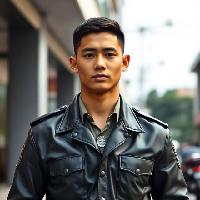 Full body image of a handsome Indonesian teenage police officer, showcasing a well-defined and muscular physique