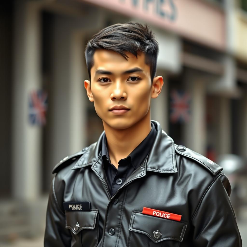 Full body image of a handsome Indonesian teenage police officer, showcasing a well-defined and muscular physique