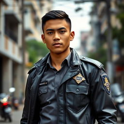 Full body image of a handsome Indonesian teenage police officer, showcasing a well-defined and muscular physique