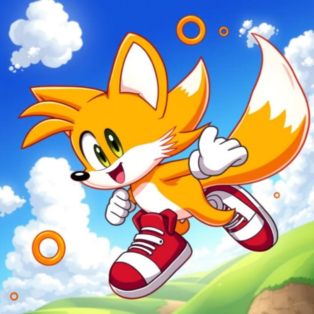 A vibrant and lively illustration of Tails the Fox from Sega, depicted as a cute anthropomorphic character with two fluffy orange tails