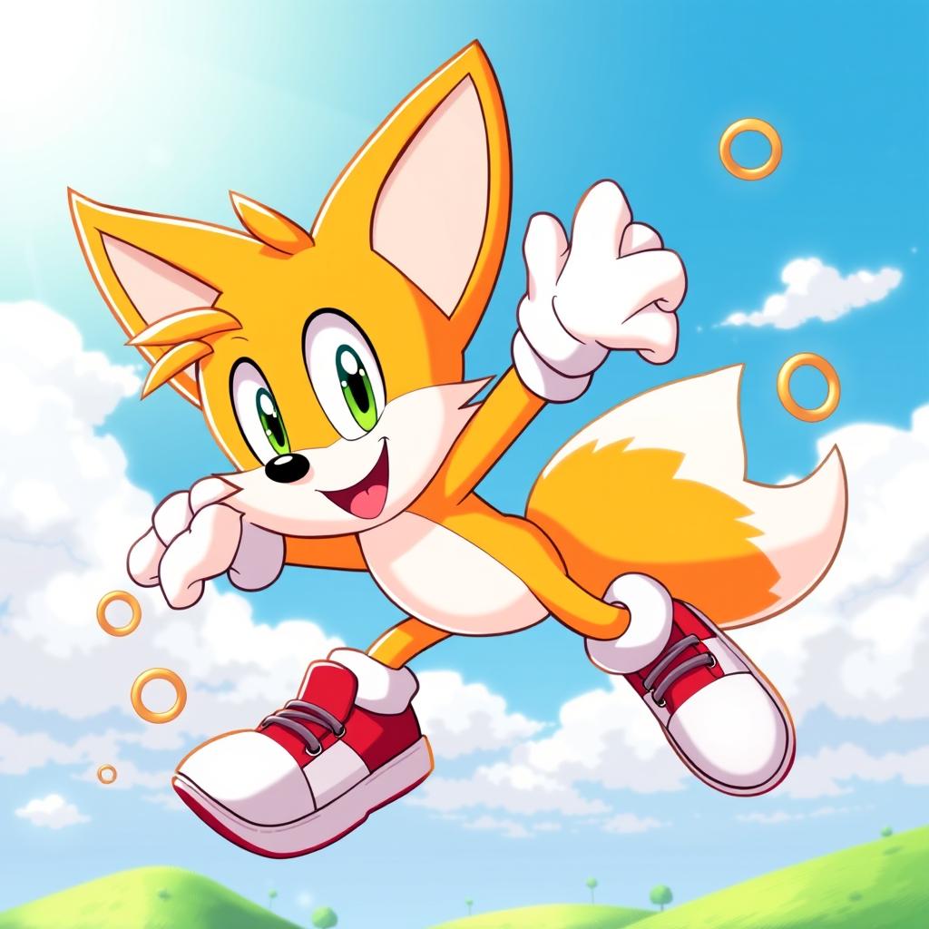 A vibrant and lively illustration of Tails the Fox from Sega, depicted as a cute anthropomorphic character with two fluffy orange tails