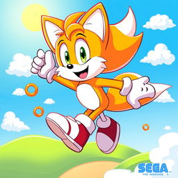 A vibrant and lively illustration of Tails the Fox from Sega, depicted as a cute anthropomorphic character with two fluffy orange tails