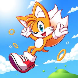 A vibrant and lively illustration of Tails the Fox from Sega, depicted as a cute anthropomorphic character with two fluffy orange tails