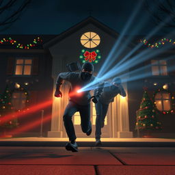 A thrilling 3D animated scene depicting two thieves wearing black masks as they run to escape from a school at night