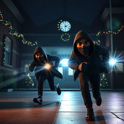A thrilling 3D animated scene depicting two thieves wearing black masks as they run to escape from a school at night