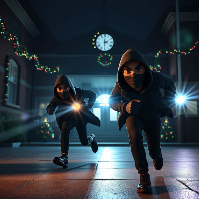 A thrilling 3D animated scene depicting two thieves wearing black masks as they run to escape from a school at night