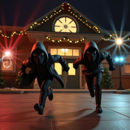A thrilling 3D animated scene depicting two thieves wearing black masks as they run to escape from a school at night