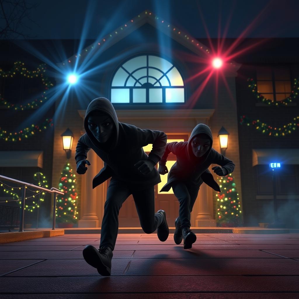 A thrilling 3D animated scene depicting two thieves wearing black masks as they run to escape from a school at night