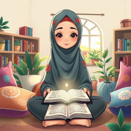 A cartoon illustration of a Muslim girl wearing a hijab, sitting cross-legged, deeply focused on reading the Quran