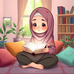 A cartoon illustration of a Muslim girl wearing a hijab, sitting cross-legged, deeply focused on reading the Quran