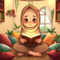 A cartoon illustration of a Muslim girl wearing a hijab, sitting cross-legged, deeply focused on reading the Quran