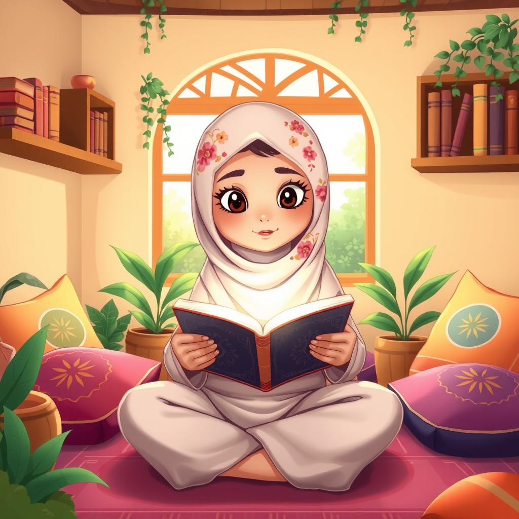 A cartoon illustration of a Muslim girl wearing a hijab, sitting cross-legged, deeply focused on reading the Quran