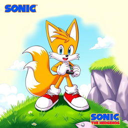 A dynamic artwork featuring Miles 'Tails' Prower, the two-tailed fox from the Sonic the Hedgehog franchise