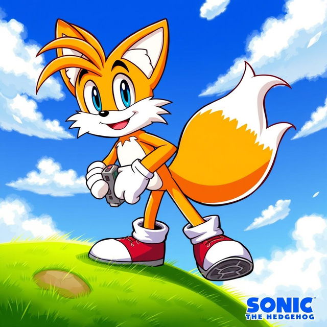 A dynamic artwork featuring Miles 'Tails' Prower, the two-tailed fox from the Sonic the Hedgehog franchise