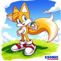A dynamic artwork featuring Miles 'Tails' Prower, the two-tailed fox from the Sonic the Hedgehog franchise