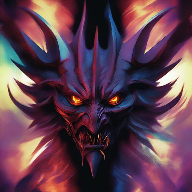 A high-quality, digital art image depicting the face of a mythical creature known as Shaitan