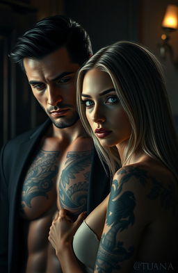 A hyper-realistic, dark and atmospheric image capturing the intense and taboo romance between two characters