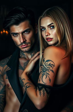 A hyper-realistic, dark and atmospheric image capturing the intense and taboo romance between two characters