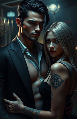 A hyper-realistic, dark and atmospheric image capturing the intense and taboo romance between two characters