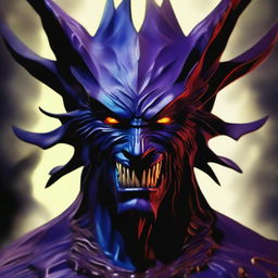 A high-quality, digital art image depicting the face of a mythical creature known as Shaitan