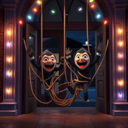 A humorous 3D animated scene set inside the entrance of a school at night, featuring two thieves who have just fallen into a tangled rope trap