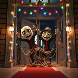 A humorous 3D animated scene set inside the entrance of a school at night, featuring two thieves who have just fallen into a tangled rope trap